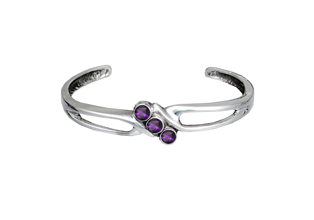 Sterling Silver 3 Stone Cuff Bracelet With Faceted Amethyst